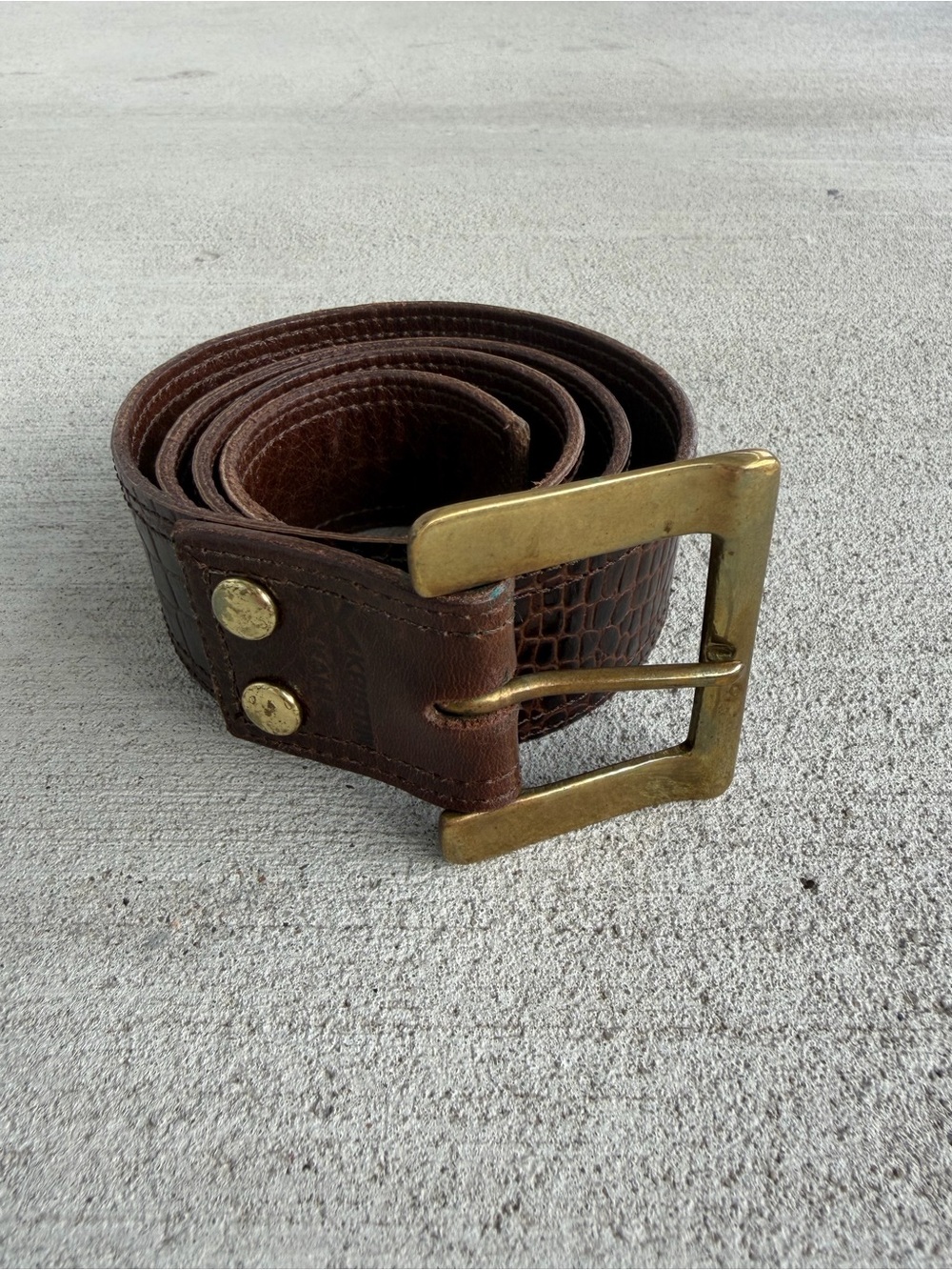 Vintage Kristin Kahle Brown Croc Embossed Leather Belt Brass Buckle Size 37